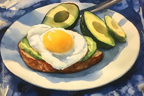 Watercolor Painting: Sunny Avocado Toast with Fried Egg, Vibrant and Delicious