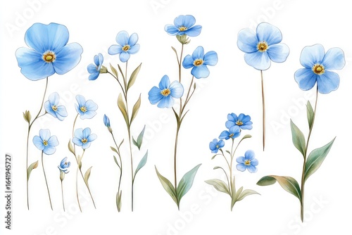 A set of delicate wild forget-me-not flowers, isolated against a transparent background