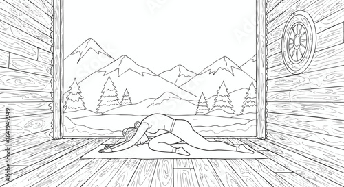 Serene Mountain View Yoga Session Woman in Balasana Pose Amidst Nature's Calm and Rustic Cabin Ambiance