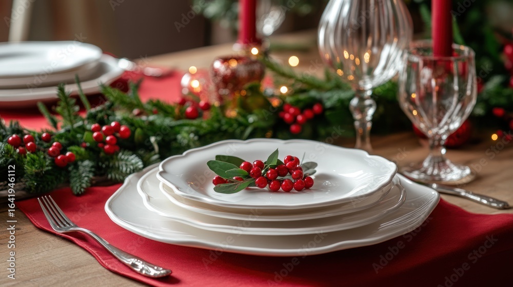 Fototapeta premium A festive dining table set with elegant dishes and holiday decorations.