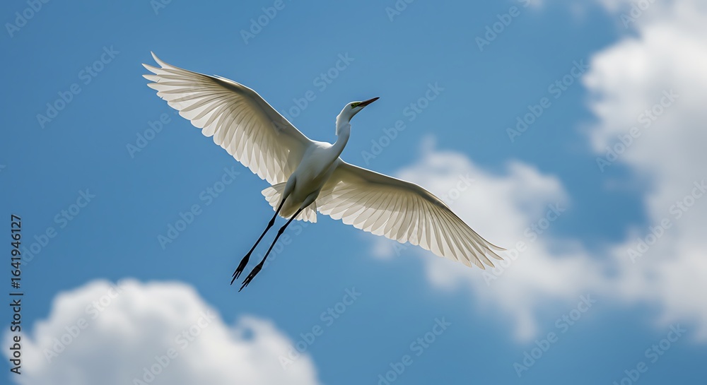 Fototapeta premium A low angle shot of a white great egret bird flying in a blue sky