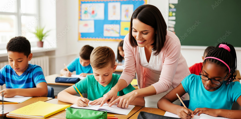Fototapeta premium Diverse Students Studying in Primary School Classroom