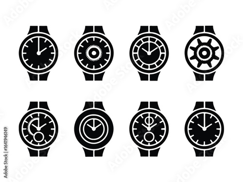Eight black and white wristwatch icons with gears and dials