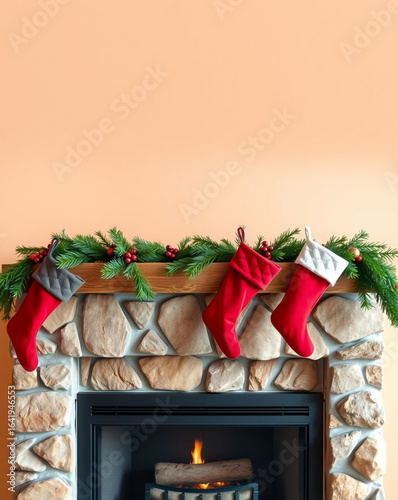 Christmas stockings hanging on stone fireplace with festive greenery  