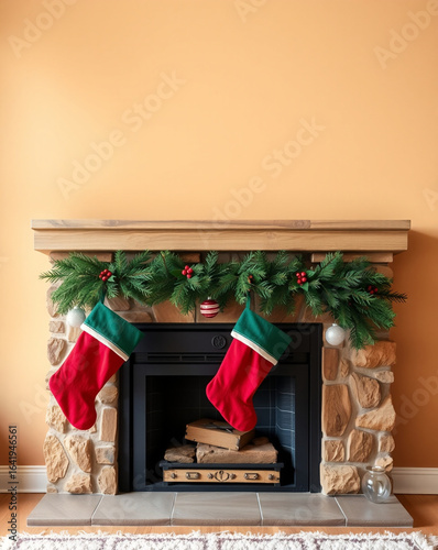 Christmas fireplace with decorated stockings and festive greenery  