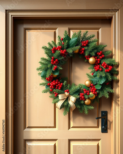 Christmas wreath adorned with red berries and gold ornaments on door  