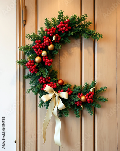 Christmas wreath decorated with red berries and golden ornaments  