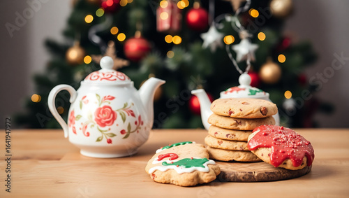 Tea pot and festive cookies on wooden table with Christmas tree  