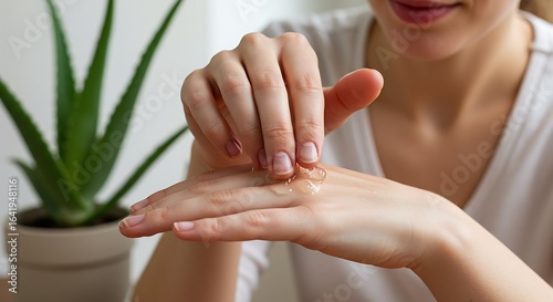 One close-up of a woman putting fresh aloe vera on a burn on her hand with an aloe plant in the background