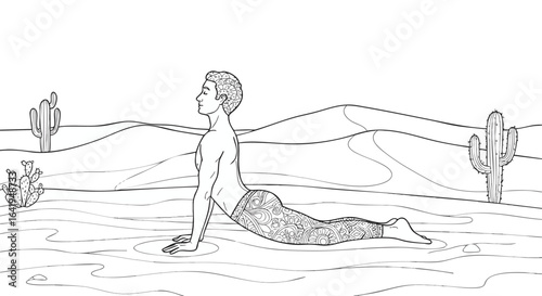 Man Practicing Yoga in Desert Landscape, Artistic Illustration, Wellbeing, Fitness, Exercise _20250705_134242.eps
