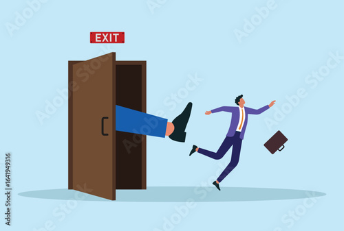 Vector illustration of a giant foot kicking a businessman out the door, symbolizing sudden job loss, forced exit, or rejection in a corporate or professional environment
