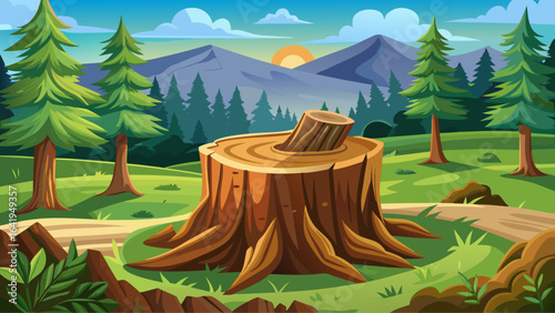Close-up of freshly cut tree stump, forest background, wood fibers glistening in sunlight, outdoor air filled with earthy scents, nature’s quiet beauty captured in this serene moment of woodland still