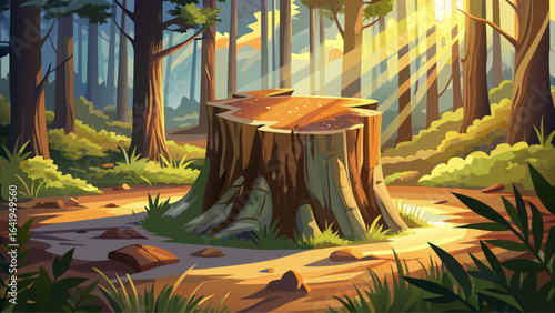 Close-up of freshly cut tree stump, forest background, wood fibers glistening in sunlight, outdoor air filled with earthy scents, nature’s quiet beauty captured in this serene moment of woodland still