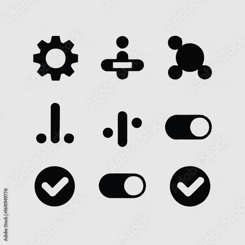 Set of nine black icons for settings and toggles gear