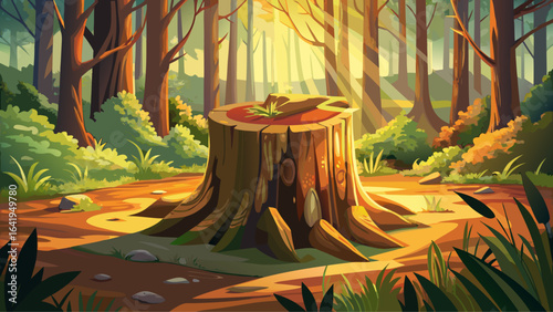Close-up of freshly cut tree stump, forest background, wood fibers glistening in sunlight, outdoor air filled with earthy scents, nature’s quiet beauty captured in this serene moment of woodland still
