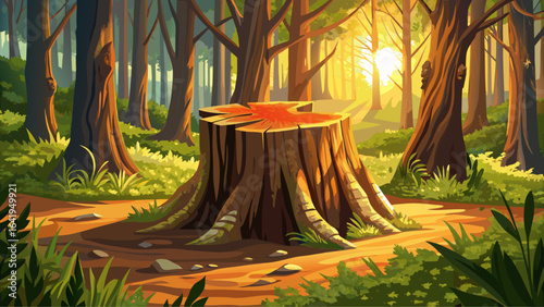 Close-up of freshly cut tree stump, forest background, wood fibers glistening in sunlight, outdoor air filled with earthy scents, nature’s quiet beauty captured in this serene moment of woodland still