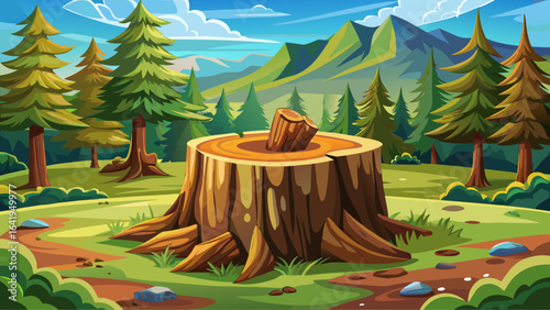 Close-up of freshly cut tree stump, forest background, wood fibers glistening in sunlight, outdoor air filled with earthy scents, nature’s quiet beauty captured in this serene moment of woodland still