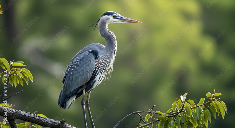 Fototapeta premium A vertical closeup of a beautiful great blue Heron standing on a tree on a blurry bokeh background - scenic perspective