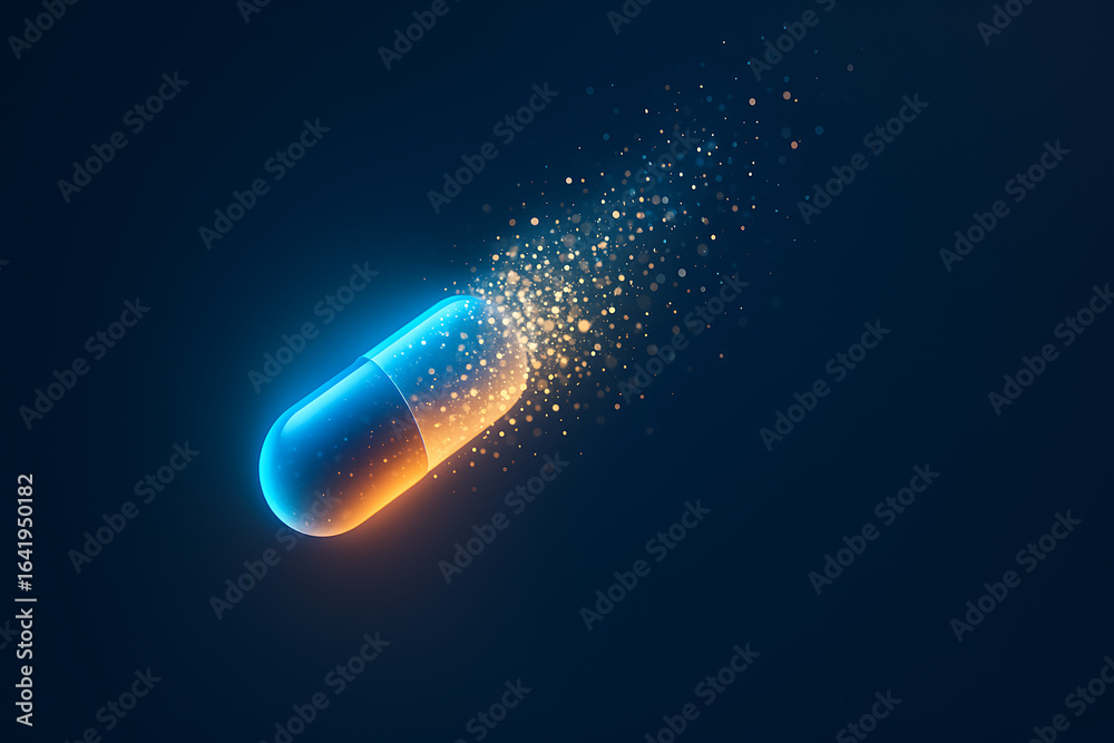 Fototapeta premium Futuristic glowing pharmaceutical capsule dissolving into digital particles, medical drug concept for innovation, biotechnology, advanced treatment, nanomedicine, futuristic healthcare, 3d illustratio