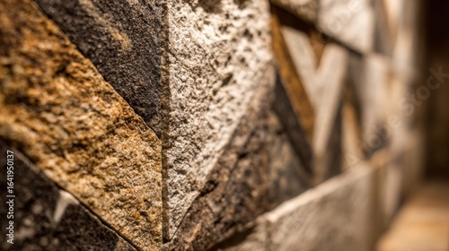 Detailed Close-Up of Textured Stone Wall with Unique Geometric Patterns for Architectural and Design Projects