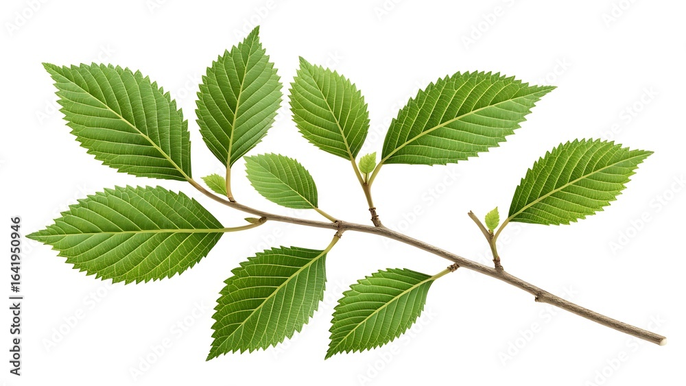 Green branch with serrated leaves on white background Green branch with serrated leaves on white background