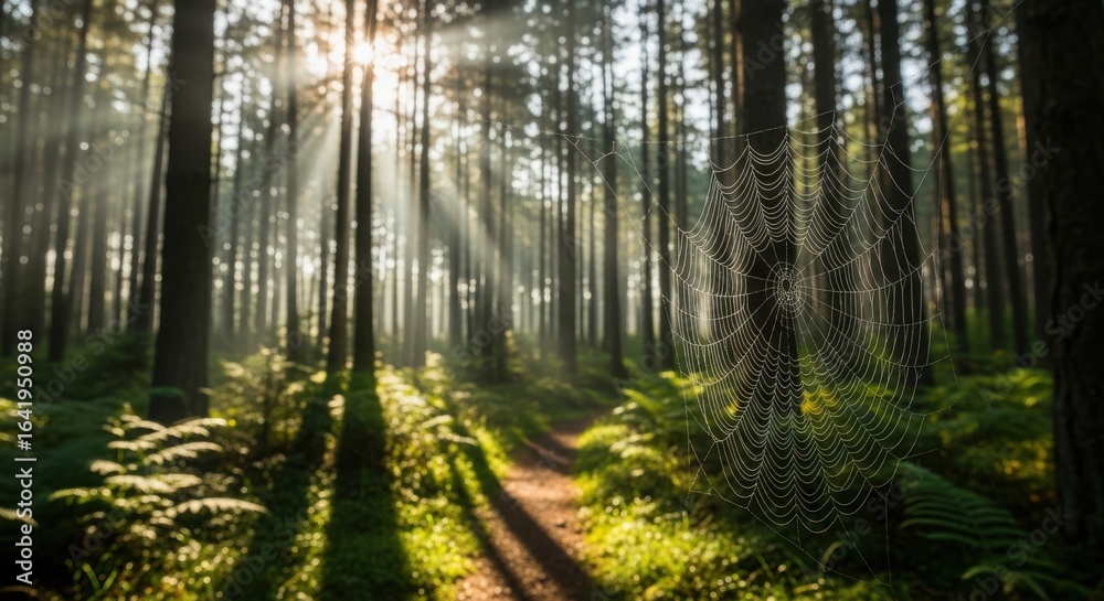 Obraz premium Sunbeams filtering through a lush green forest path