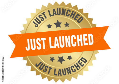 just launched. just launched round orange and gold label isolated on transparent background