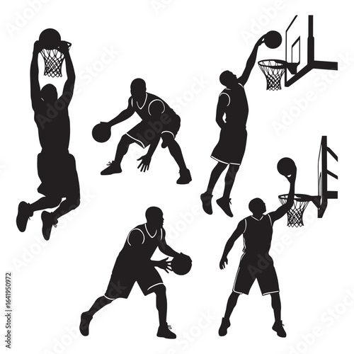 Basketball players silhouettes dunking and playing vector art with slam dunk basketball silhouette illustration