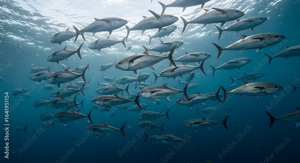 Obraz premium One school of kingfish tuna swimming underwater