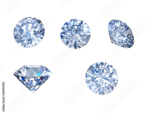 Five brilliant cut diamonds on black background, showing cut; for jewelry design or investment