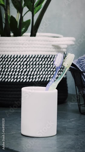 Hand putting toothbrushes in plastic cup in bathroom, close up. Vertical video