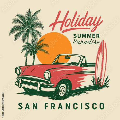 Holiday summer paradise san francisco vintage car travel illustration