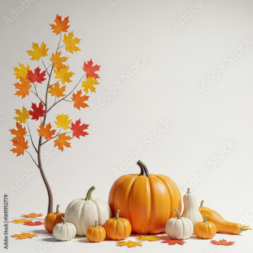 Autumn harvest display with pumpkins and colorful maple leaves