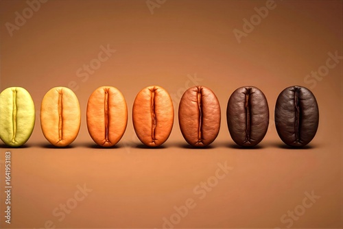 Coffee roast spectrum from raw green to dark espresso. A row of beans shows the gradient of the roasting process. Perfect concept for cafes, roasters, or food industry infographics.