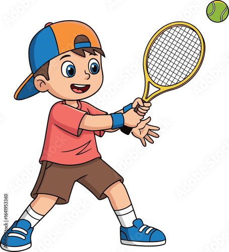Cartoon Child Playing Tennis, Blue Orange Cap, Red Shirt, Brown Shorts, Green Ball, Happy Expression, PNG, Vector, Sports Character