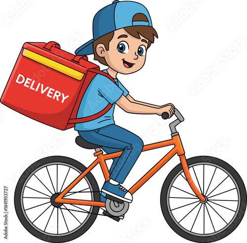 Cartoon Delivery Rider, Blue Outfit, Red Backpack, Orange Bicycle, Urban Courier, Fast Service, PNG, Vector, Food Delivery, Illustration
