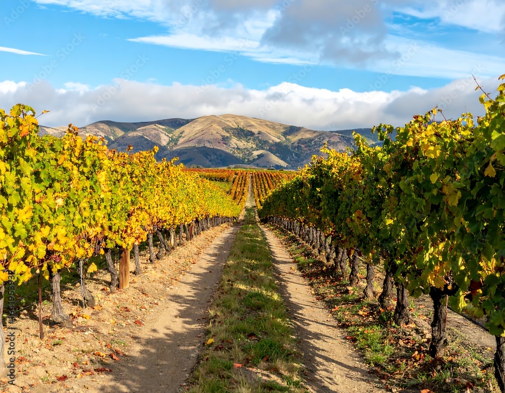 Fototapeta premium Autumn vineyard path to distant hills