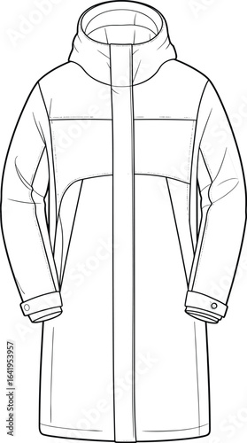 Coat cad drawing flat vector illustration, hooded outerwear, front view, technical sketch, button cuff, yoke detail, fashion garment design