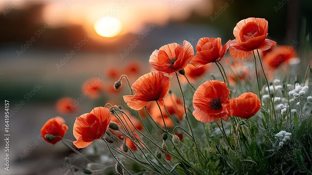 Obraz premium Field of vibrant red poppies swaying in the breeze under an orange sunset sky, symbolizing hope and remembrance on Remembrance Day