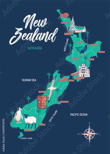 Map of New Zealand, branding technology concept. Collection of flat vector web icons. Latin culture travel set, architectures, specialties detailed silhouette. Doodle famous landmarks illustration.