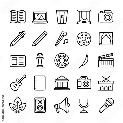 A collection of hand drawn black and white sketch icons representing various artistic and creative pursuits including music literature film and visual arts