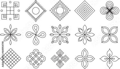 Collection of fifteen intricate geometric and floral ornamental patterns and symbols in black and white