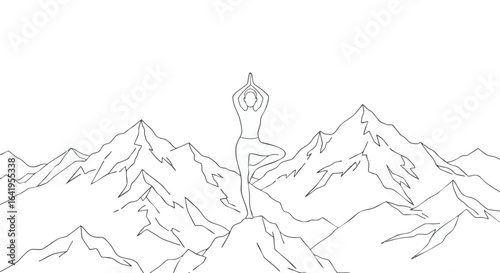 Serene Yoga Pose in Mountain Landscape Line Art Illustration