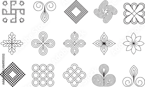 Collection of intricate ornamental patterns and decorative design elements in black and white