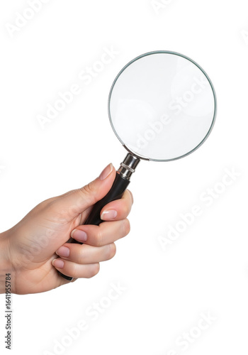 Photo of a hand holds a magnifying glass against a transparent background suggesting search investigation and detailed examination of something