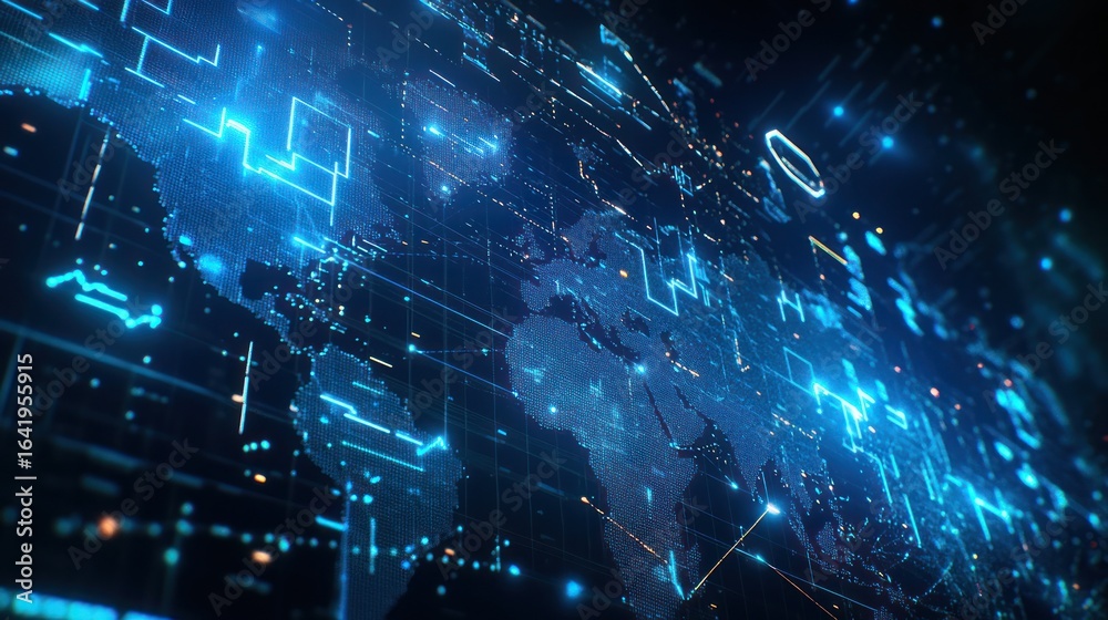 Obraz premium Global digital network, map, technology, futuristic background, showing data flow, ideal for stock photo or presentation slide