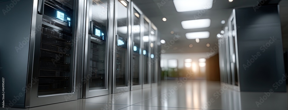 Obraz premium Rows of server racks illuminate the data center with blue lights, highlighting the sleek design and energy efficiency of modern technology