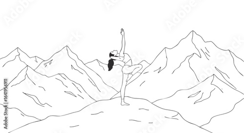 Silhouette of a Dancer Posing Against Majestic Mountain Peaks in Artistic Outline