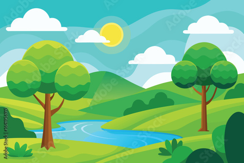 Serene summer landscape illustration with flowing river, trees, and bright sunshine for nature lovers