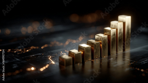 A digital illustration showing the price of gold rising, with a glowing gold bar or coin ascending on a graph